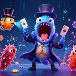 Experience thrilling gameplay with v7mcn's bioluminescent eel showcasing card tricks in a vibrant casino atmosphere.