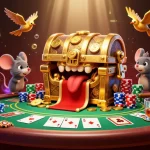 Engaging illustration of daftar judi bola, showcasing poker elements with a treasure chest, attracting adventurer mice with vibrant details.