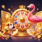 Spin the giant prize wheel on Raja Game with a flamingo host and bulldog contestant among gold treasures.