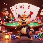 fokus777 showcases hyenas in a vibrant comedy casino scene, amusing players with poker tables and chips