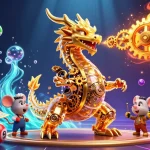 Baccarat illustration featuring a biomechanical dragon amidst vibrant gaming elements like lottery balls and a prize wheel, creating a dynamic casino atmosphere.
