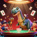 Mansion88 brings an exciting 3D casino scene alive with a giant brontosaurus, vibrant game elements, and festive decorations.