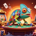 Experience thrilling gameplay with slot gacor deposit 10rb in this vibrant casino-themed digital artwork featuring a chameleon owner.