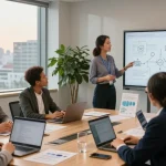 Kolaborasi bisnis di ruang kantor modern dengan balak66, profesional berdiskusi dan berbagi ide.