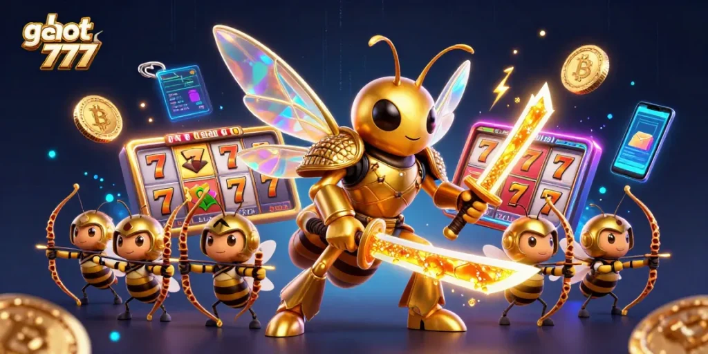 Engage with slot gacor 777 in an exhilarating scene featuring samurai hornets and jackpot symbols.
