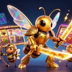 Engage with slot gacor 777 in an exhilarating scene featuring samurai hornets and jackpot symbols.