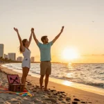 Pasangan di https://miami4d.com/ menikmati matahari terbenam di pantai Miami.