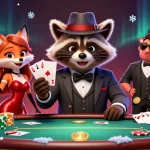 Engage with SC88 in this lively scene of a raccoon playing poker with a dazzling fox lady and hedgehog bouncer.