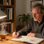 T Allen Greenfield's study at https://tallengreenfield.com, showcasing spiritual and UFO study, warm inviting atmosphere.