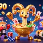 Nohu90's vibrant cartoon scene showcases a golden ramen bowl dealing cards, surrounded by dynamic casino game elements.