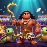 Menangkan hadiah besar di situs slot dengan ilustrasi 3D yang menampilkan dewa demigod Maui dan simbol jackpot.