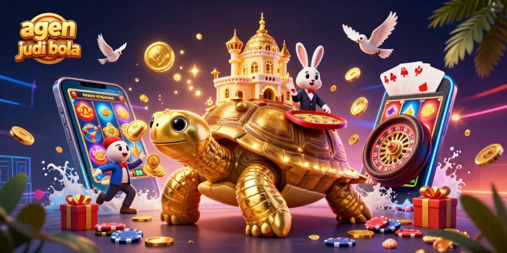 Experience thrilling action with agen judi bola featuring a golden tortoise casino and vibrant game elements.