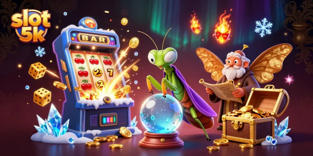 Win big at slot 5k with vibrant characters and jackpot explosions in a lively casino scene.