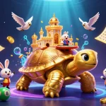 Experience the vibrant gaming world of NK88 with a golden tortoise casino and dynamic lottery elements.
