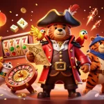 PAGCOR licensed casino scene with a pirate bear, tiger, and parrot amidst vibrant game elements.