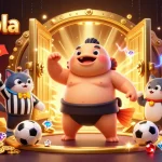 Engage in judi bola with a lively 3D illustration featuring a fugu in a wrestling belt amid gold treasures.