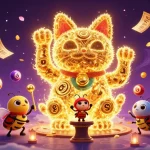 Play on situs depo 5k featuring a giant lucky cat symbolizing good fortune in slots.