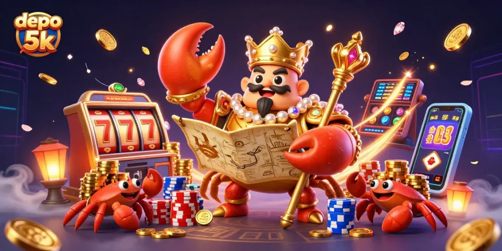 Experience thrilling gaming with depo 5k, featuring golden crab emperor and lucky slot elements.