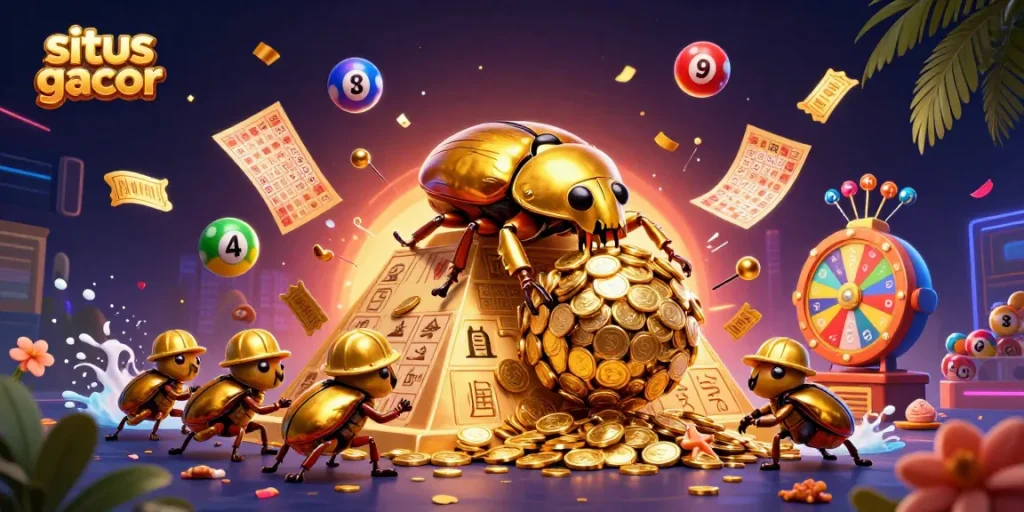 Engage with situs gacor and join a vibrant casino scene filled with golden coins and lottery excitement.